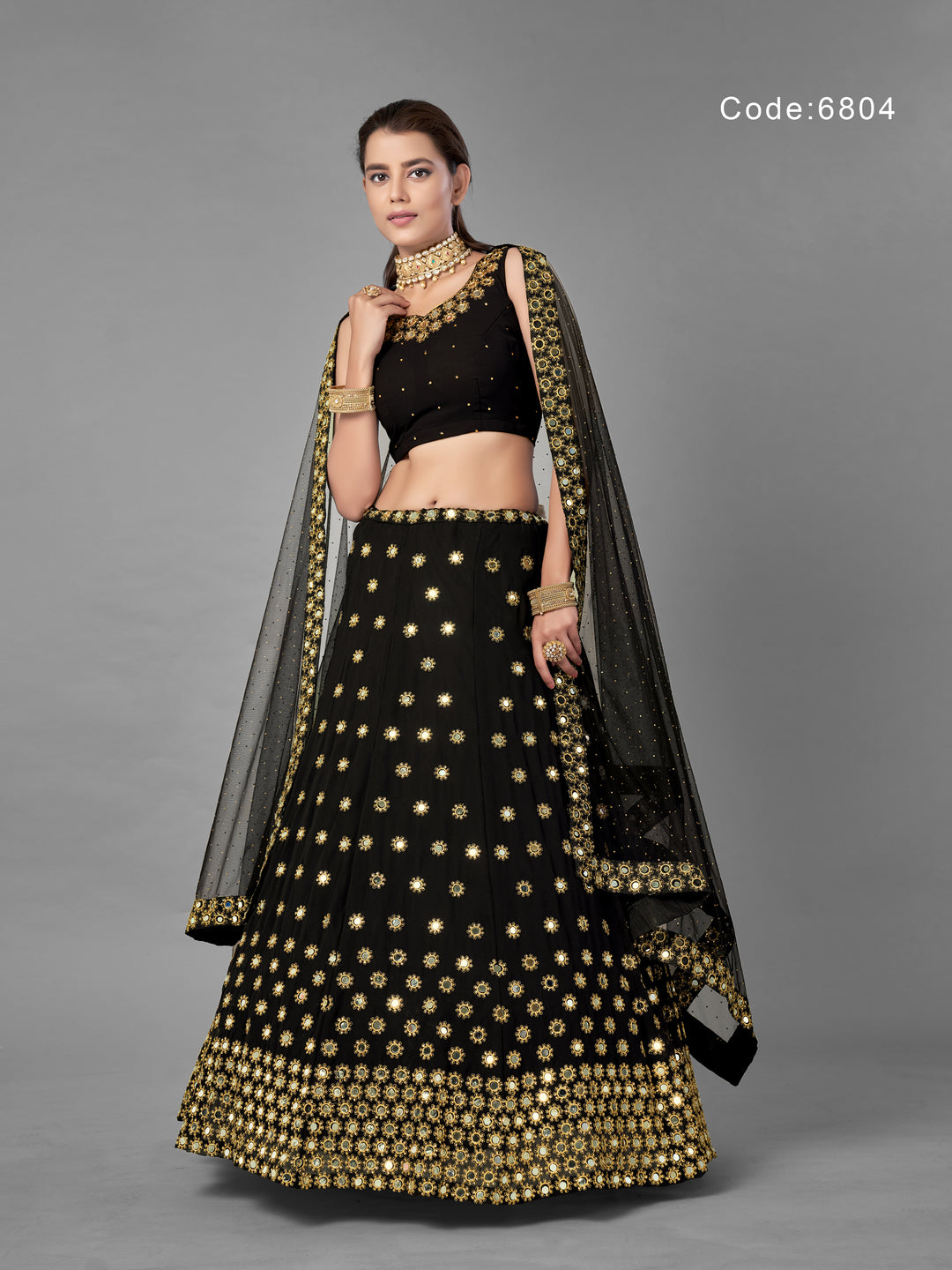 Black Georgette Lehenga | Mirror and Zari Work with Flared Design