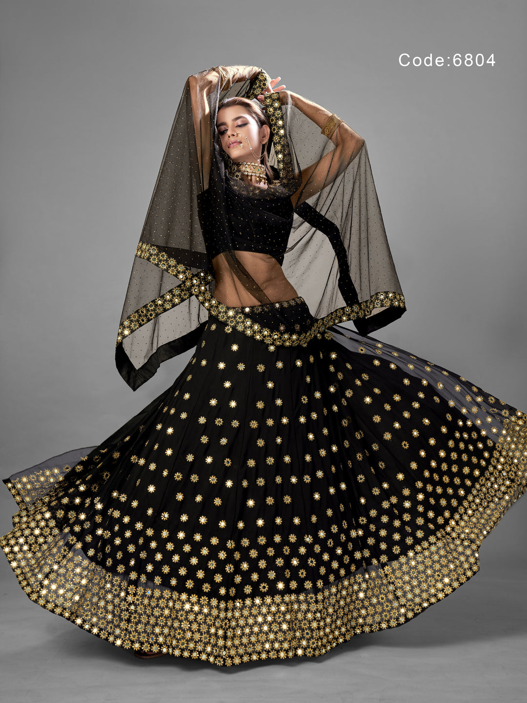 Black Georgette Lehenga | Mirror and Zari Work with Flared Design