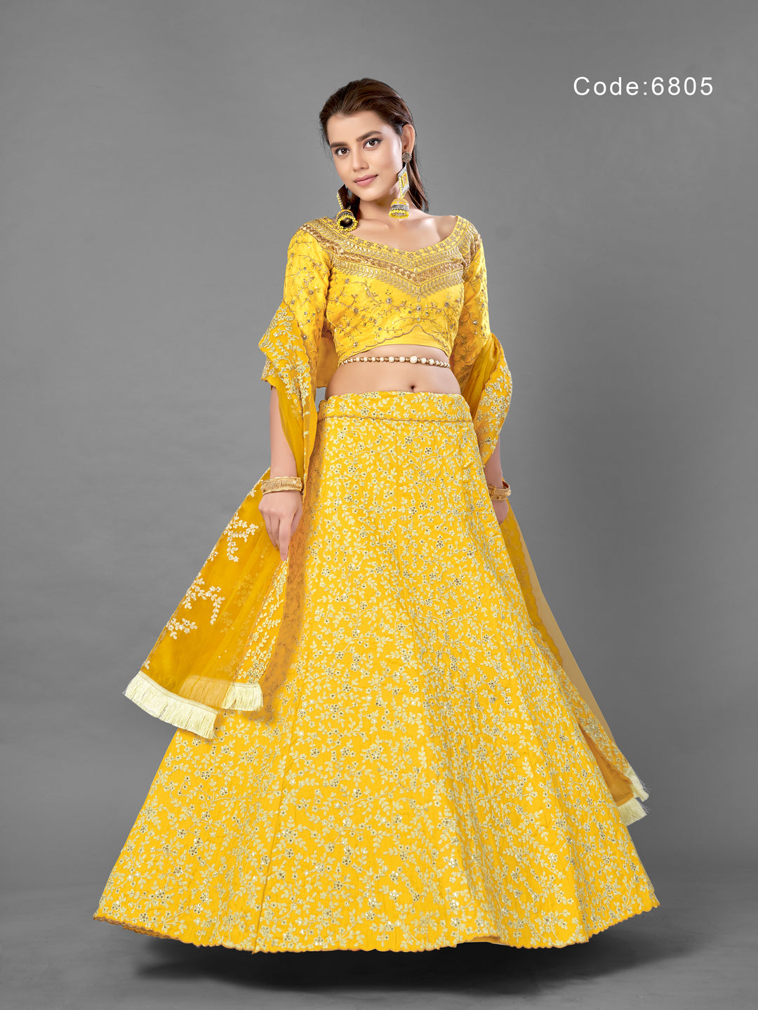 Elegant Yellow Art Silk Lehenga | Embroidered with Unstitched Blouse