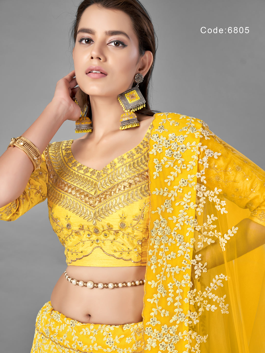 Elegant Yellow Art Silk Lehenga | Embroidered with Unstitched Blouse