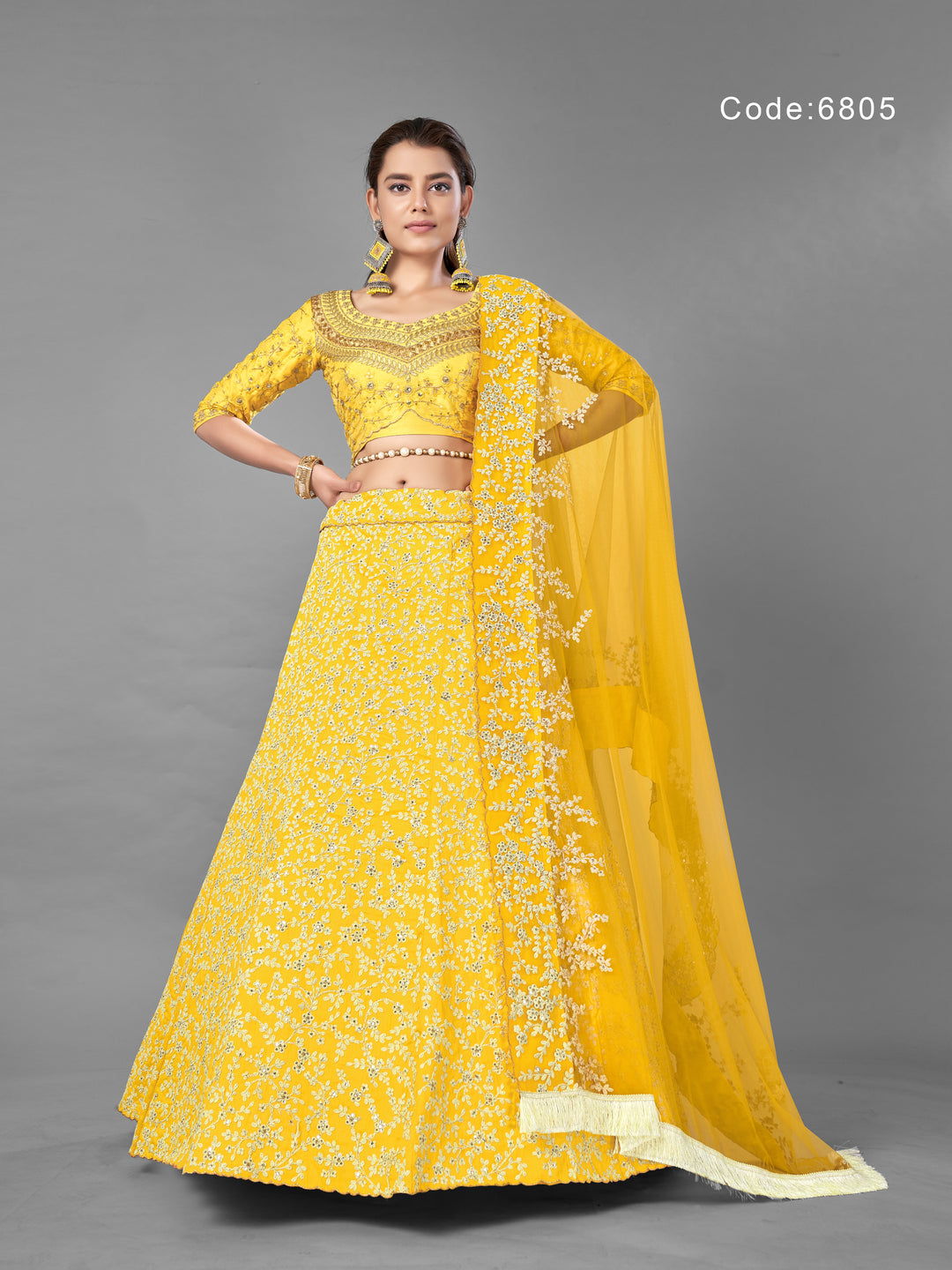 Elegant Yellow Art Silk Lehenga | Embroidered with Unstitched Blouse