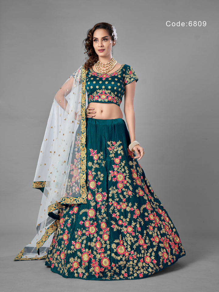 Elegant Teal Velvet Lehenga Choli | Unstitched Blouse with Intricate Embroidery