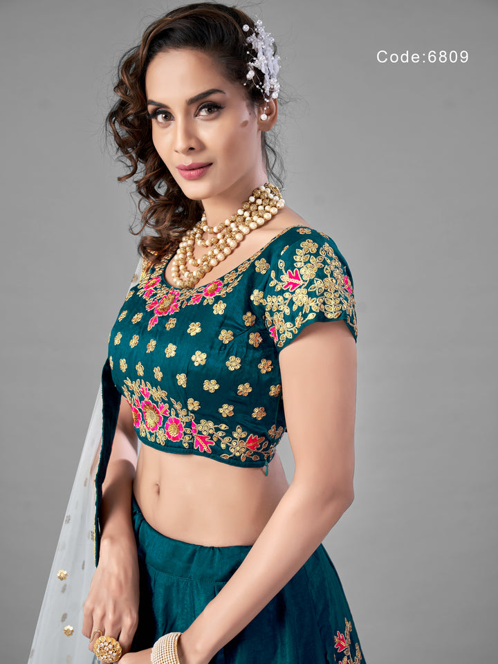 Elegant Teal Velvet Lehenga Choli | Unstitched Blouse with Intricate Embroidery