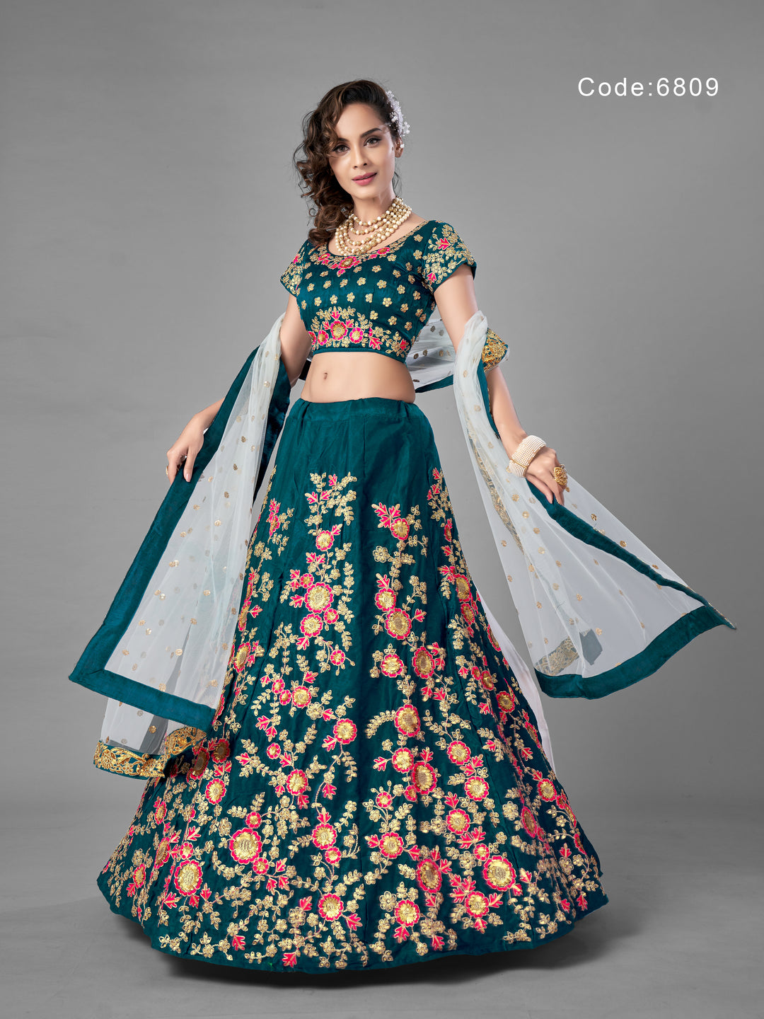 Elegant Teal Velvet Lehenga Choli | Unstitched Blouse with Intricate Embroidery