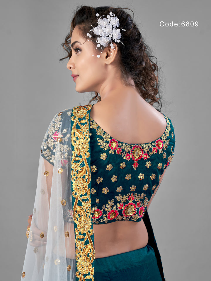 Elegant Teal Velvet Lehenga Choli | Unstitched Blouse with Intricate Embroidery