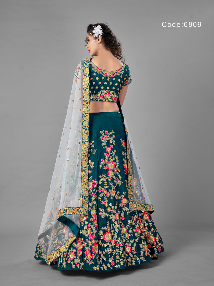 Elegant Teal Velvet Lehenga Choli | Unstitched Blouse with Intricate Embroidery