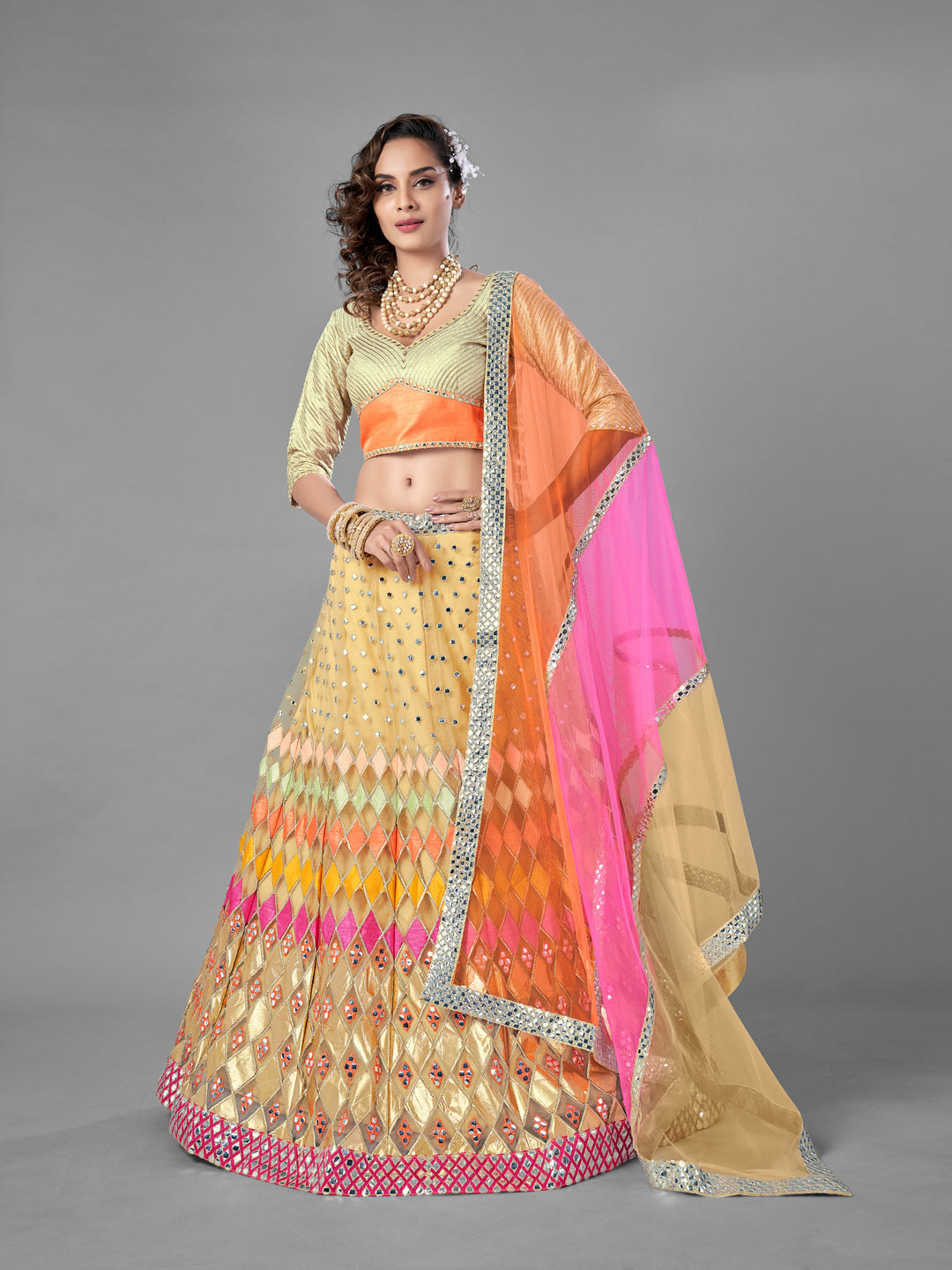 Beige Soft Net Lehenga | Semi-Stitched with Zari and Plastic Mirror Work