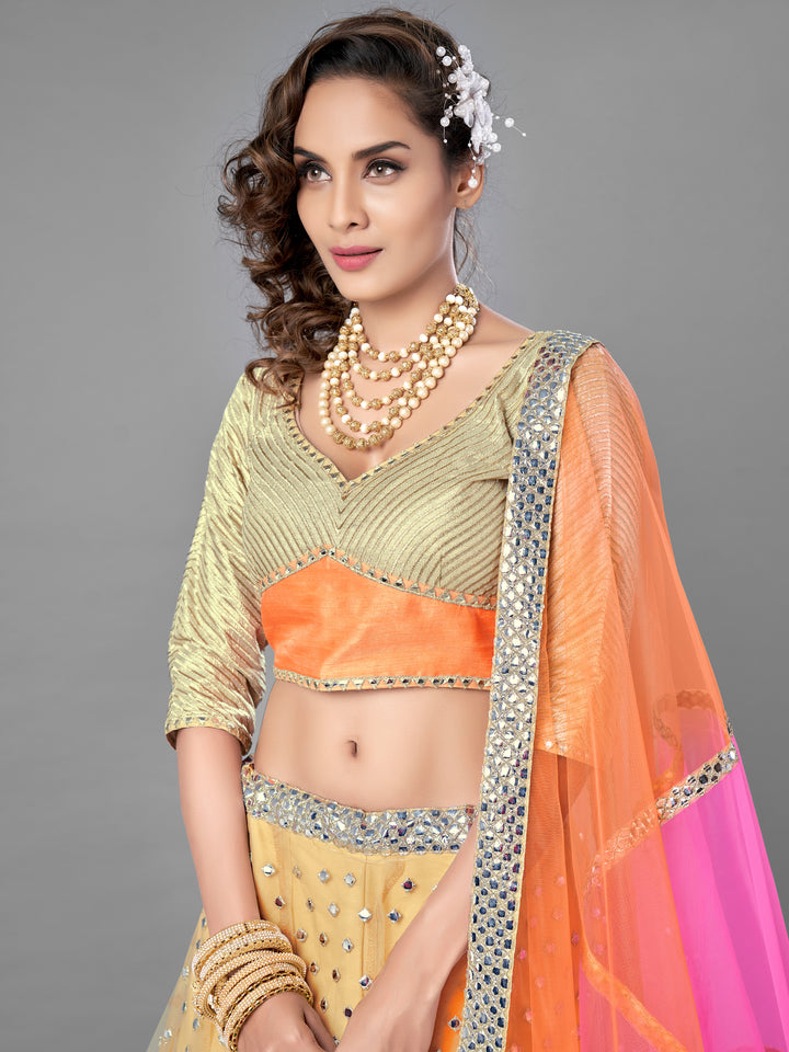 Beige Soft Net Lehenga | Semi-Stitched with Zari and Plastic Mirror Work