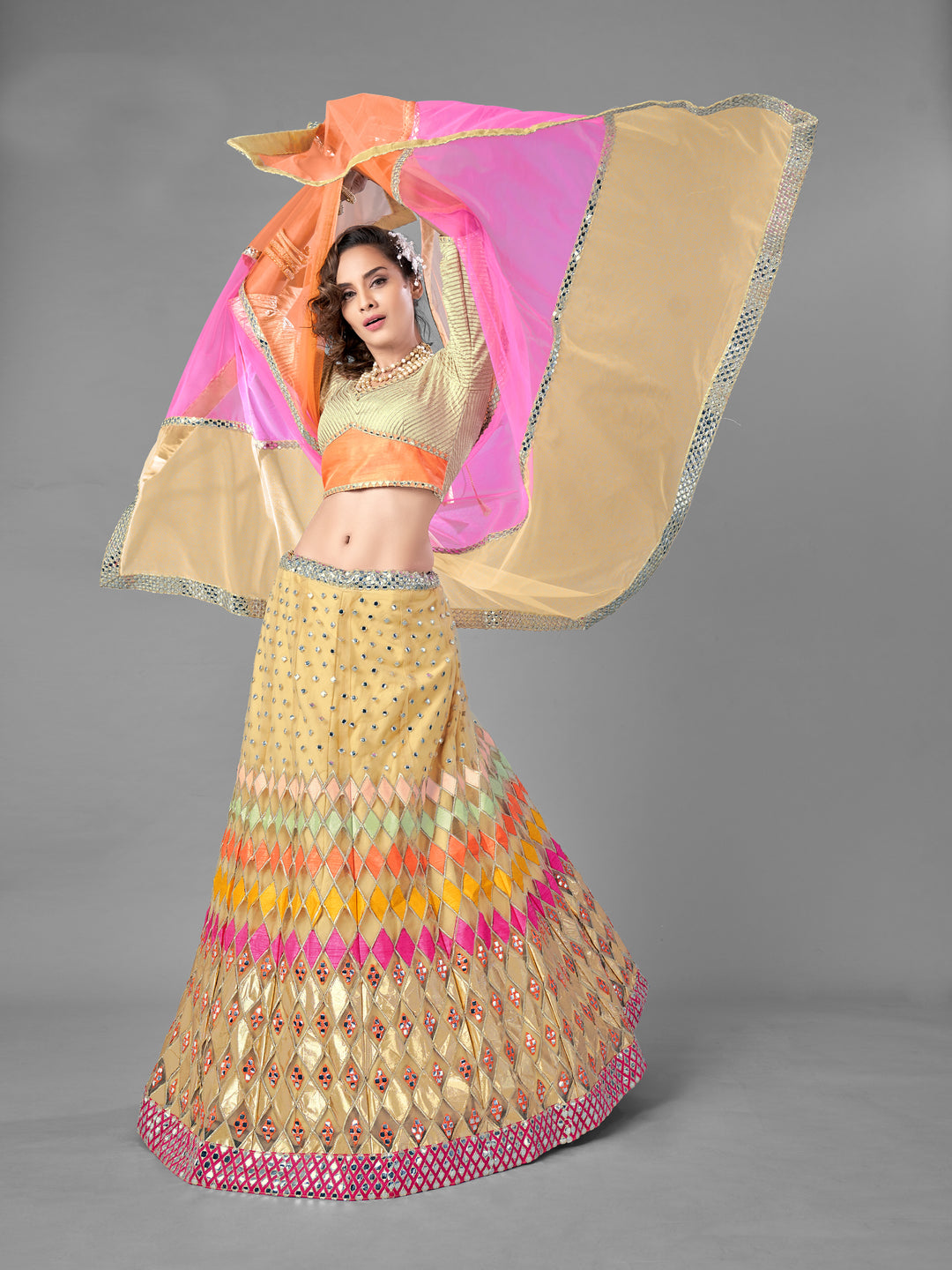 Beige Soft Net Lehenga | Semi-Stitched with Zari and Plastic Mirror Work