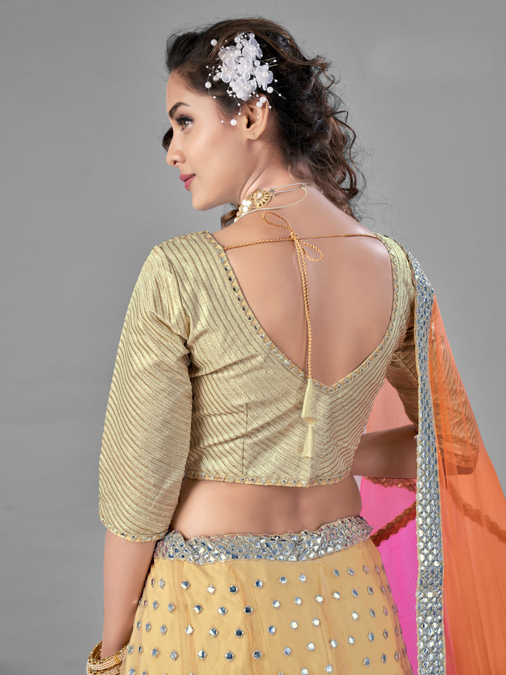 Beige Soft Net Lehenga | Semi-Stitched with Zari and Plastic Mirror Work