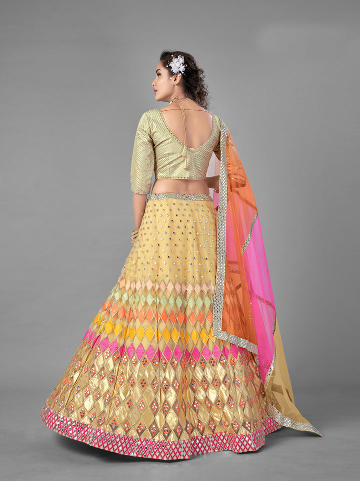 Beige Soft Net Lehenga | Semi-Stitched with Zari and Plastic Mirror Work