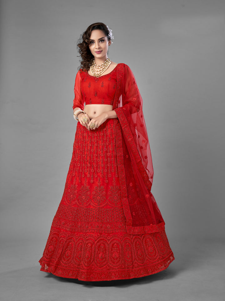 Elegant Red Embroidered Lehenga Choli | Soft Net with Unstitched Blouse