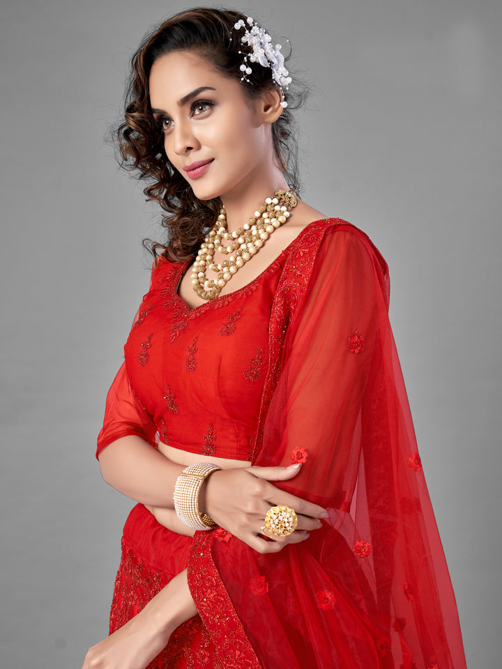 Elegant Red Embroidered Lehenga Choli | Soft Net with Unstitched Blouse