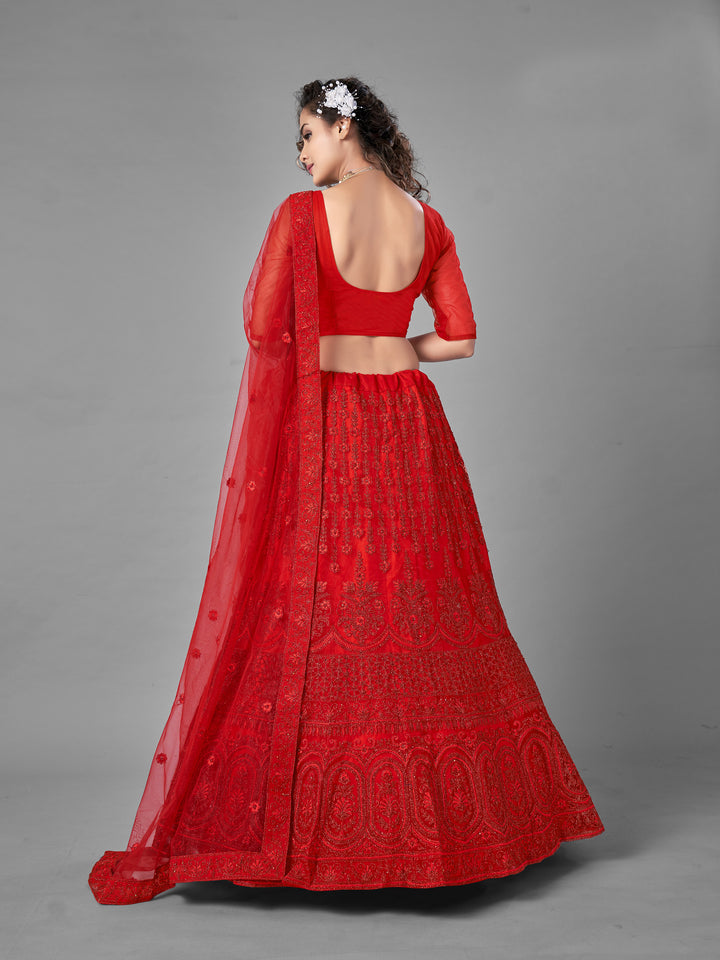 Elegant Red Embroidered Lehenga Choli | Soft Net with Unstitched Blouse