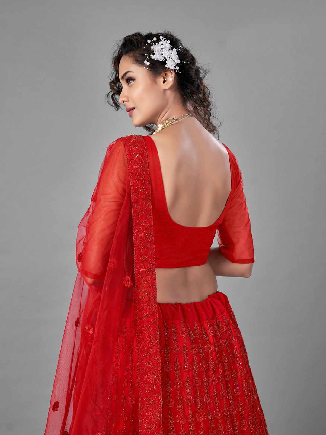 Elegant Red Embroidered Lehenga Choli | Soft Net with Unstitched Blouse