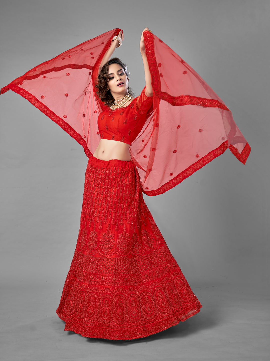 Elegant Red Embroidered Lehenga Choli | Soft Net with Unstitched Blouse