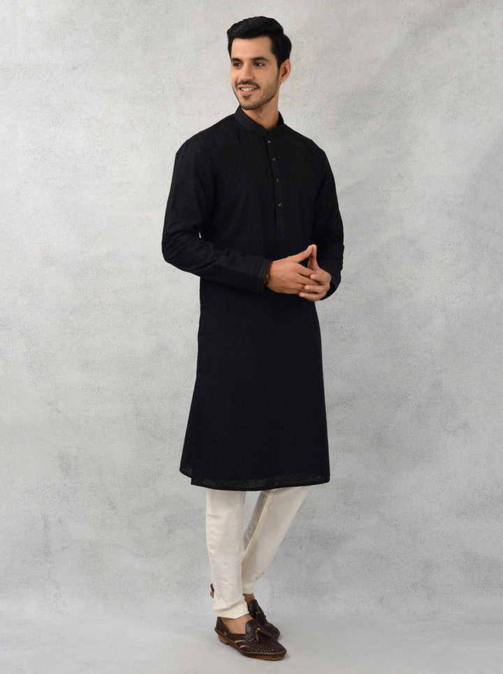 Elegant Black Men’s Kurta Pajama with Mandarin Collar