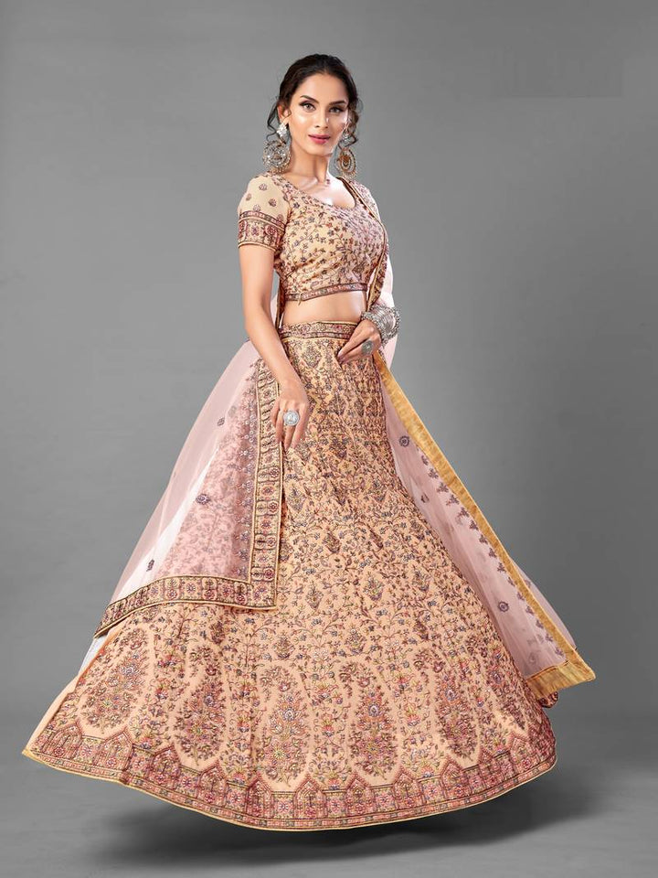 Peach Thread Embroidered Georgette Lehenga | Semi-Stitched Festive Wear