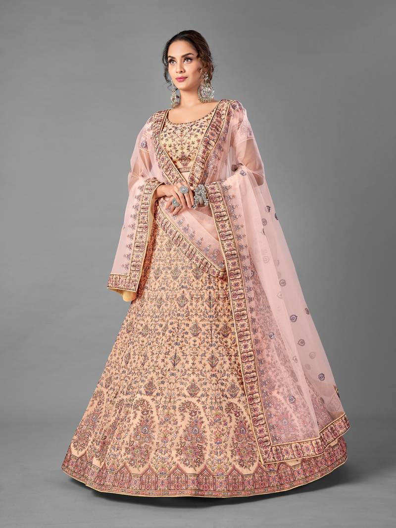 Peach Thread Embroidered Georgette Lehenga | Semi-Stitched Festive Wear