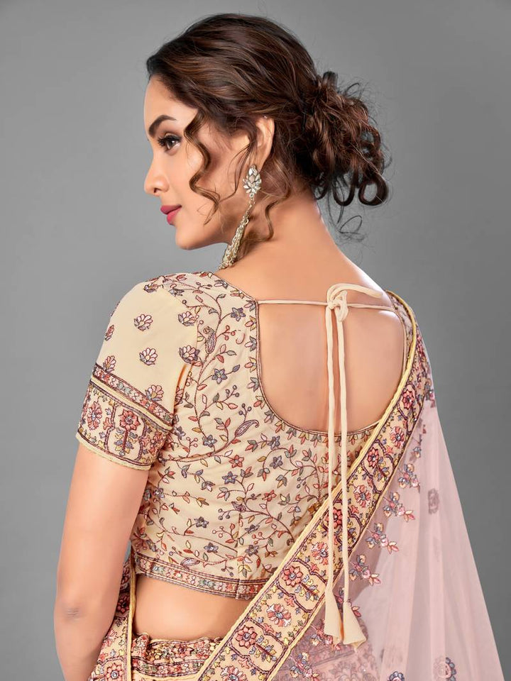 Peach Thread Embroidered Georgette Lehenga | Semi-Stitched Festive Wear