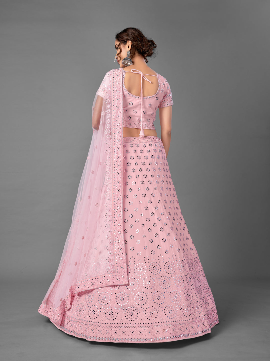 Pink Georgette Semi Stitched Lehenga With Blouse | Thread & Foil Mirror Work