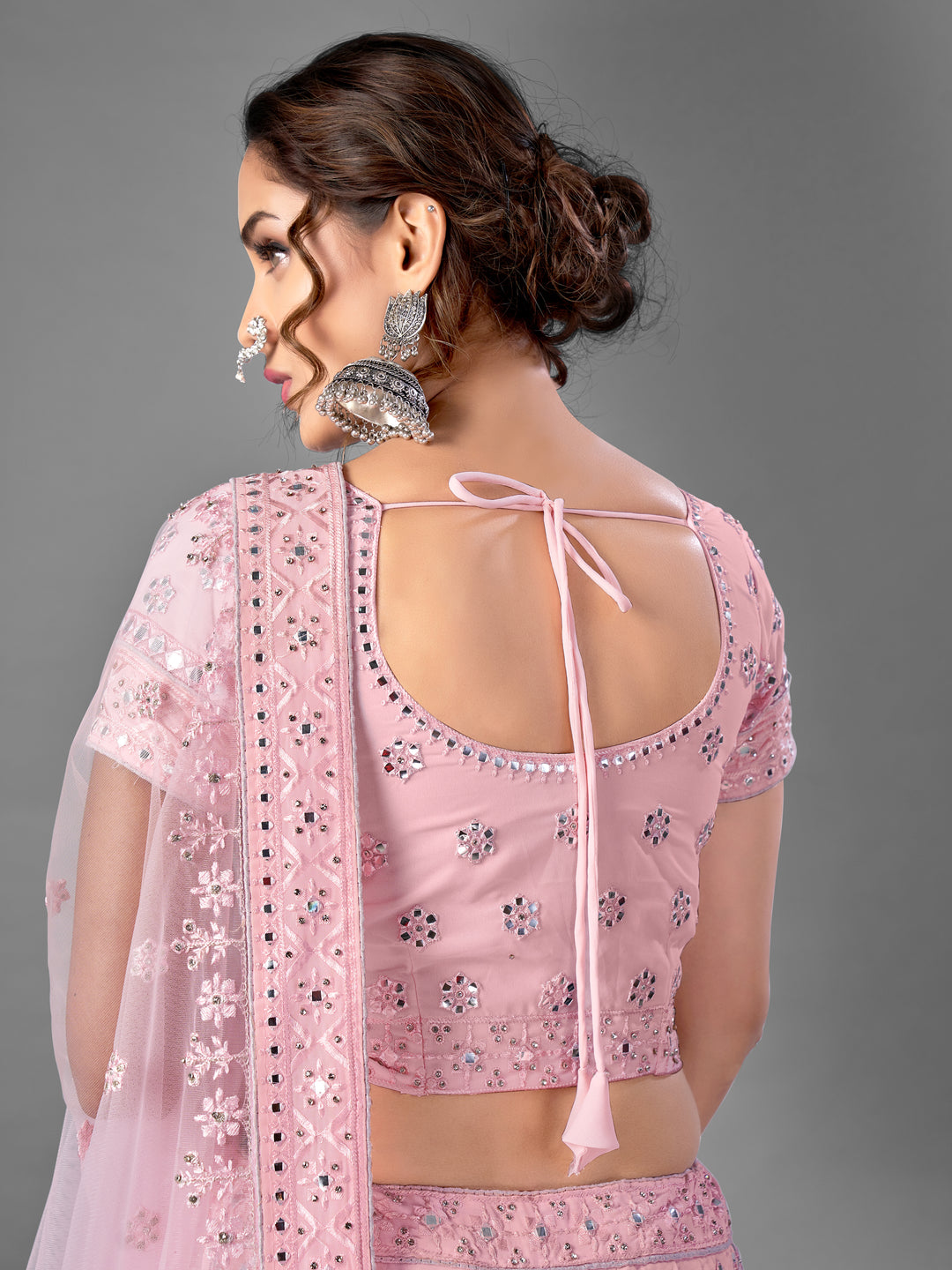 Pink Georgette Semi Stitched Lehenga With Blouse | Thread & Foil Mirror Work