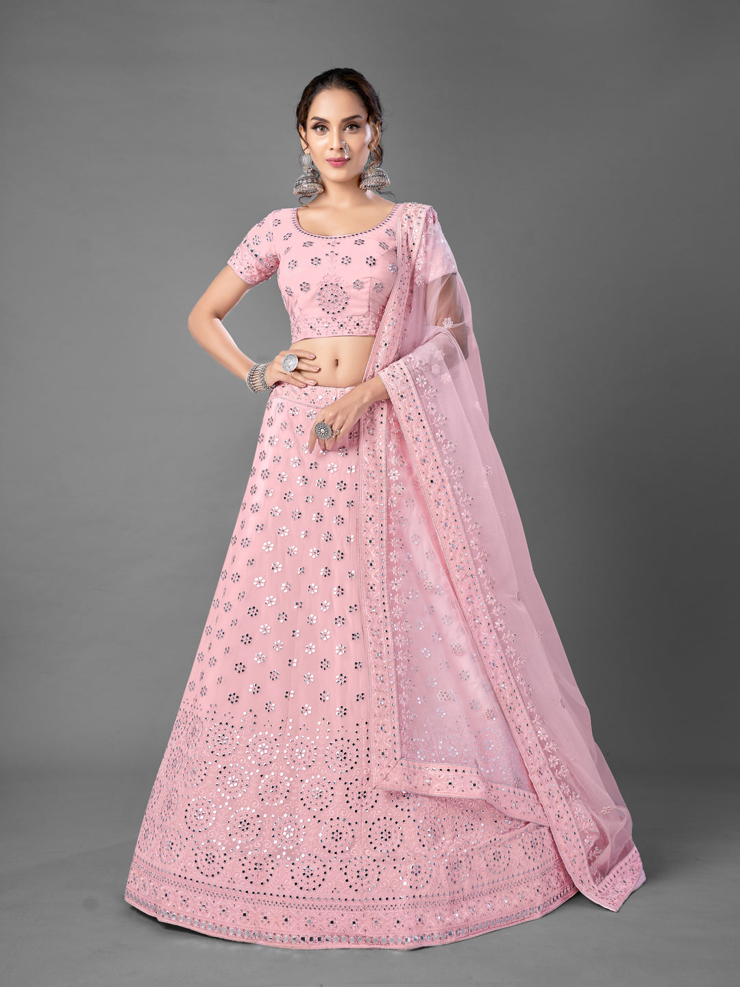 Pink Georgette Semi Stitched Lehenga With Blouse | Thread & Foil Mirror Work