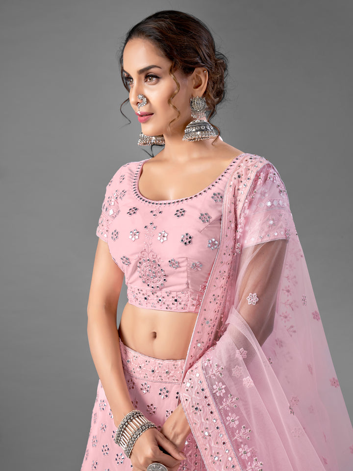 Pink Georgette Semi Stitched Lehenga With Blouse | Thread & Foil Mirror Work