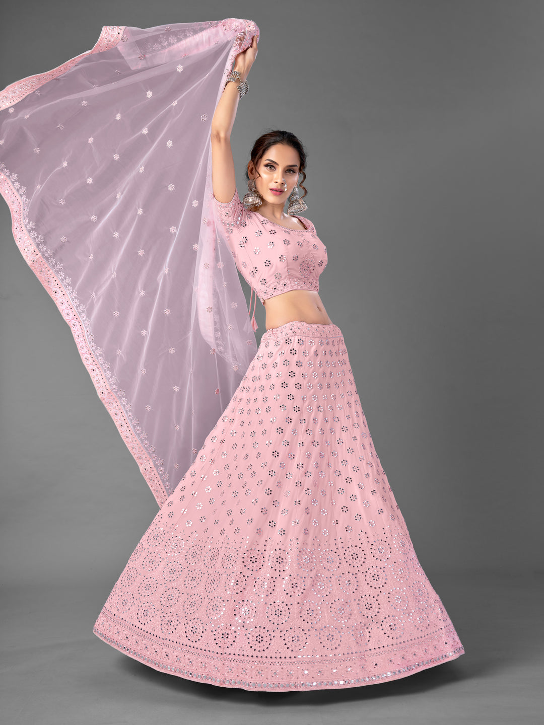 Pink Georgette Semi Stitched Lehenga With Blouse | Thread & Foil Mirror Work