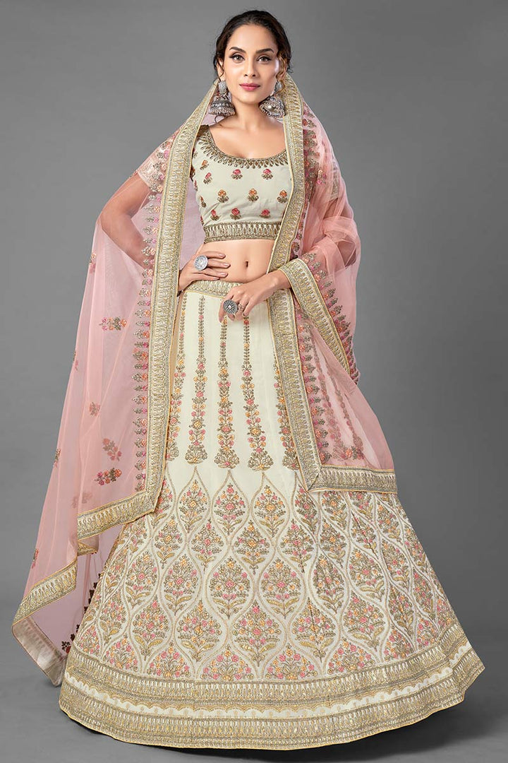 Off White Georgette Embroidered Lehenga | Dori & Sequins Work