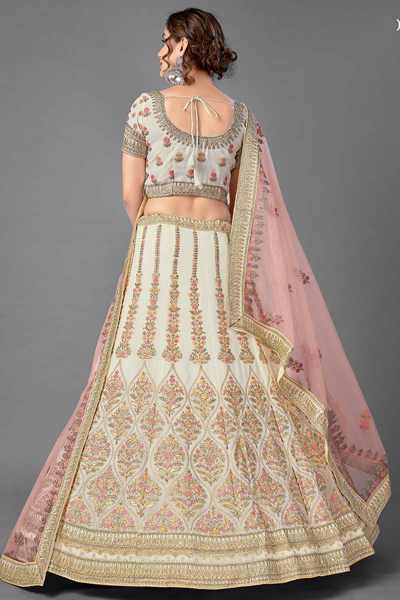 Off White Georgette Embroidered Lehenga | Dori & Sequins Work