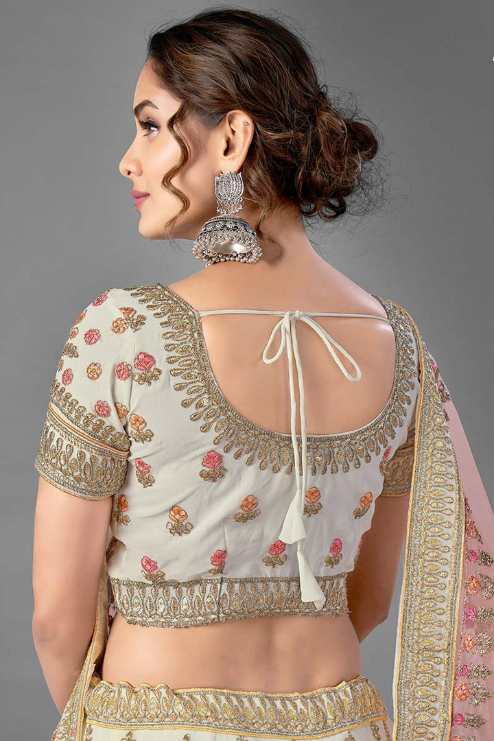 Off White Georgette Embroidered Lehenga | Dori & Sequins Work