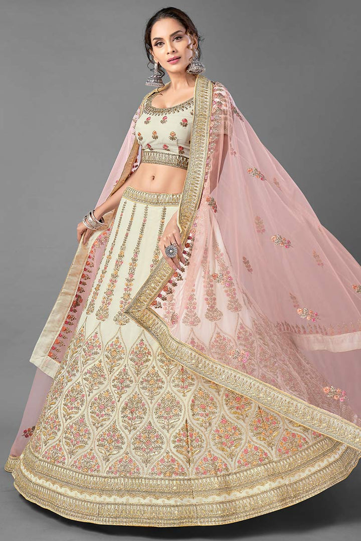 Off White Georgette Embroidered Lehenga | Dori & Sequins Work