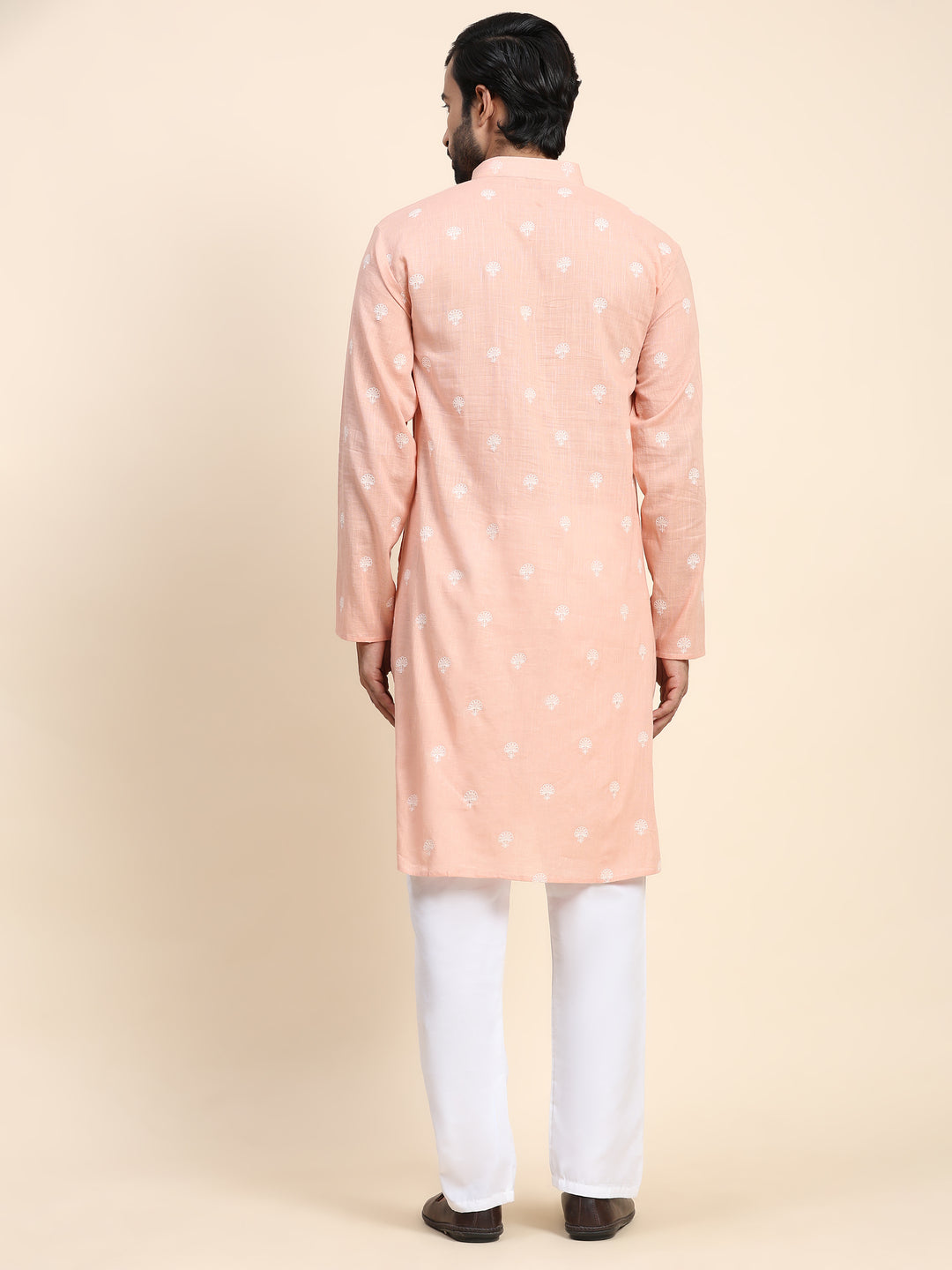 Peach Cotton Weaved Motif Kurta | Perfect for Festive Occasions