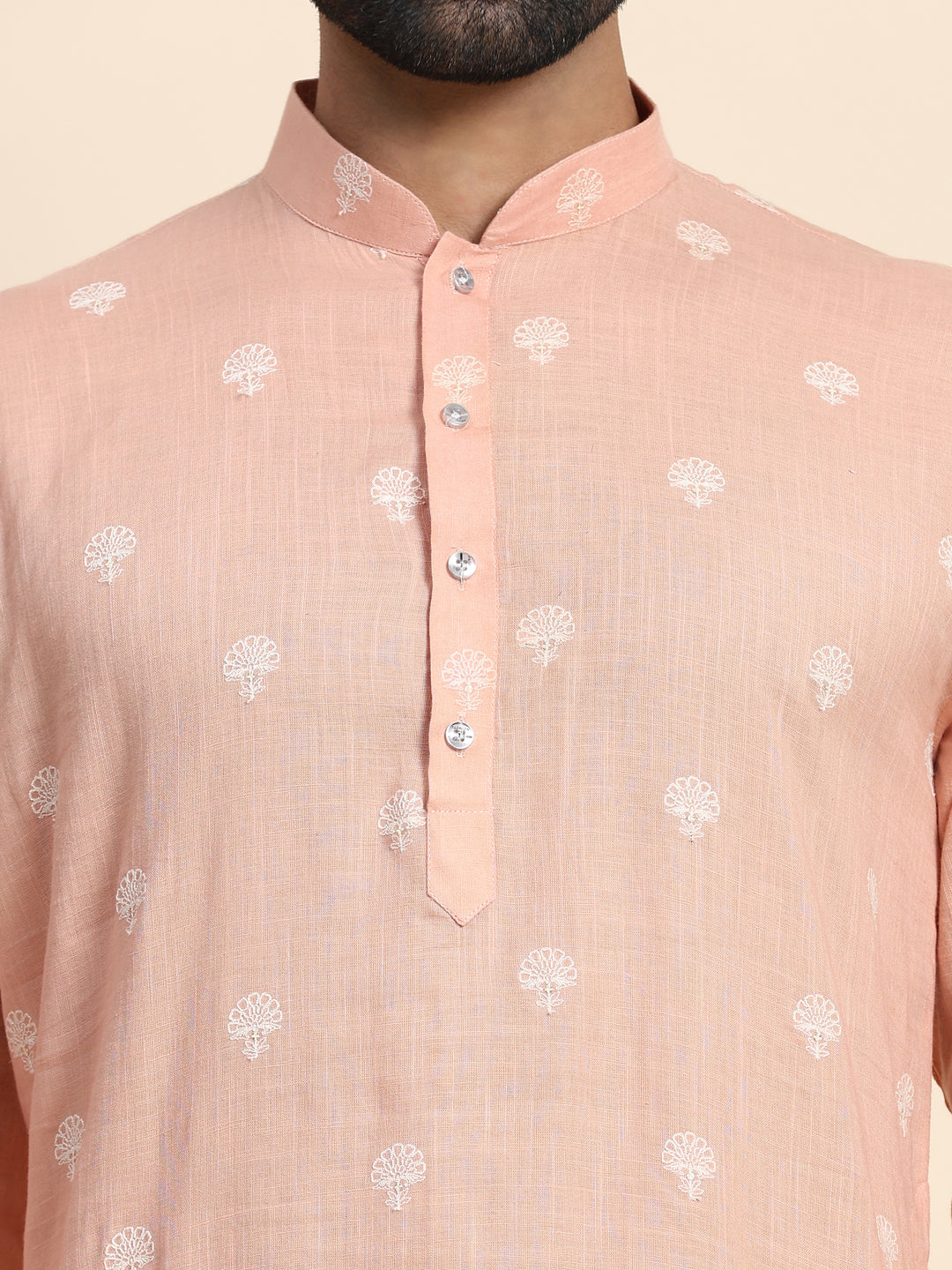 Peach Cotton Weaved Motif Kurta | Perfect for Festive Occasions