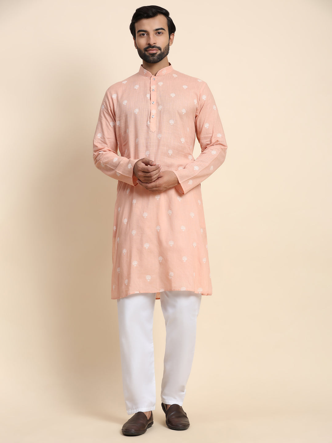 Peach Cotton Weaved Motif Kurta | Perfect for Festive Occasions