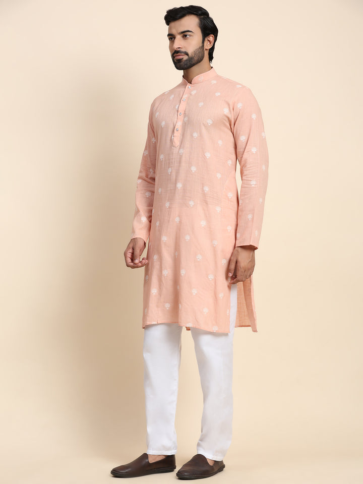 Peach Cotton Weaved Motif Kurta | Perfect for Festive Occasions