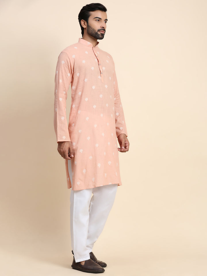 Peach Cotton Weaved Motif Kurta | Perfect for Festive Occasions