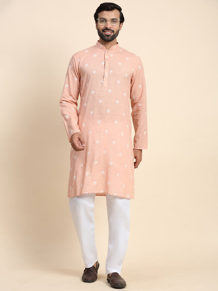 Peach Cotton Weaved Motif Kurta | Perfect for Festive Occasions