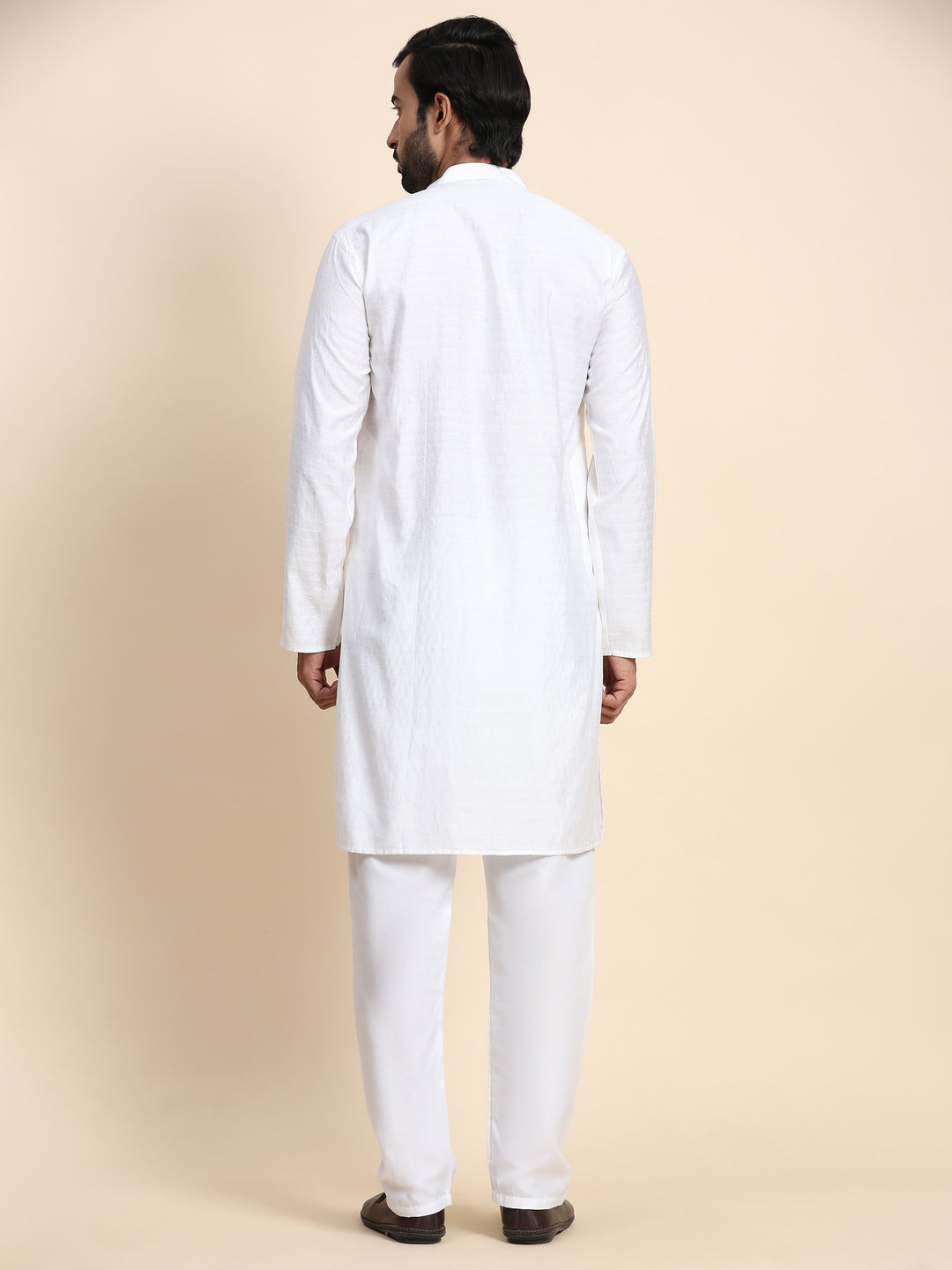 Elegant White Self Weaved Kurta | Cotton Men's Wear for Festivals