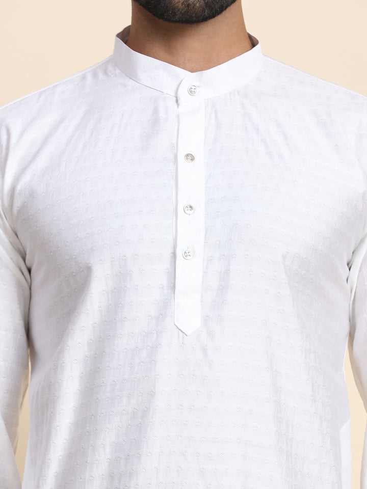 Elegant White Self Weaved Kurta | Cotton Men's Wear for Festivals