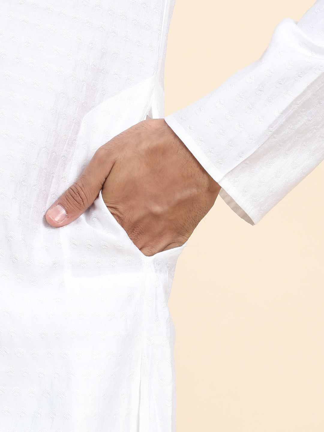 Elegant White Self Weaved Kurta | Cotton Men's Wear for Festivals