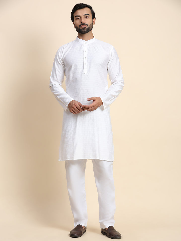 Elegant White Self Weaved Kurta | Cotton Men's Wear for Festivals