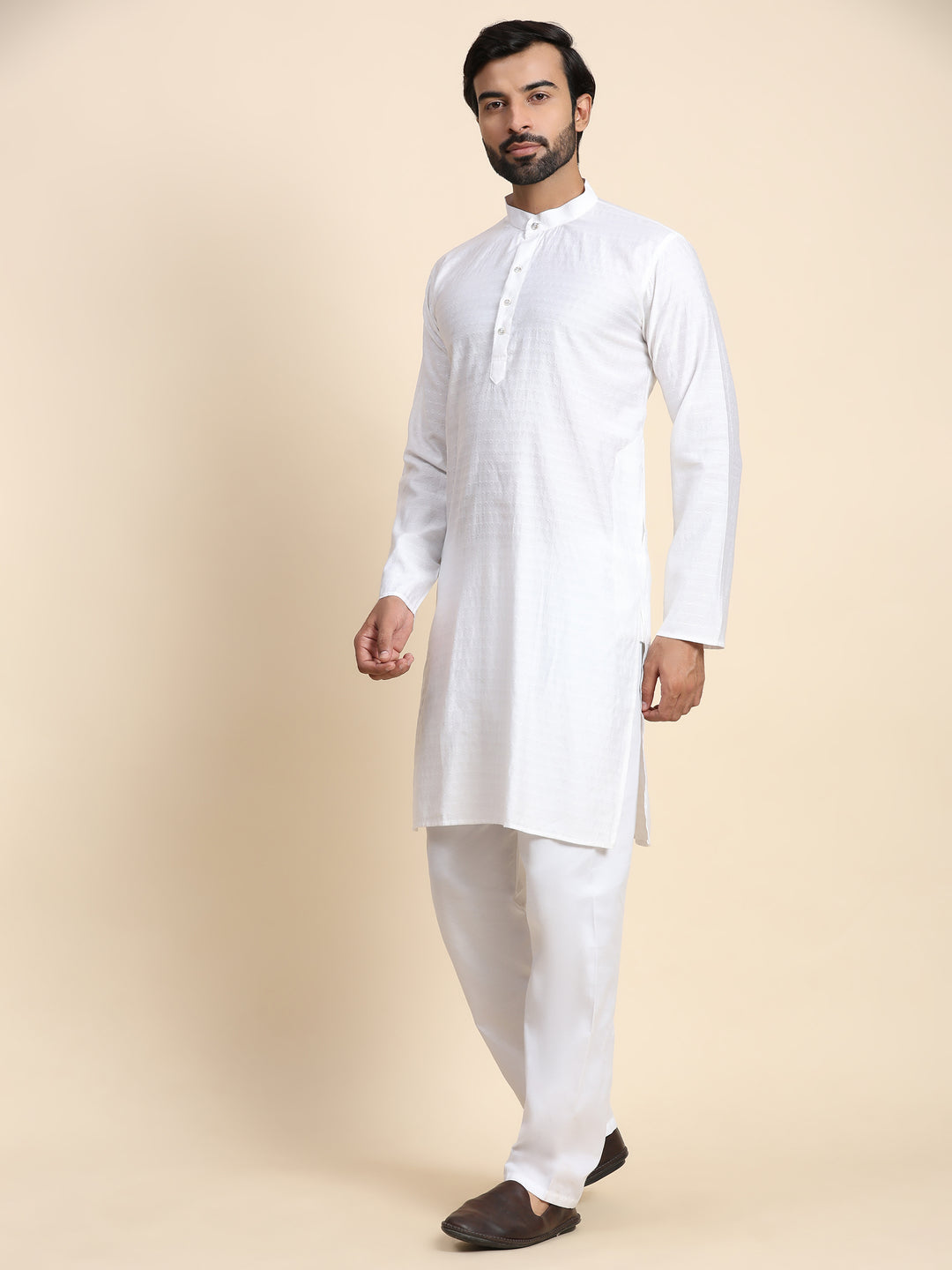 Elegant White Self Weaved Kurta | Cotton Men's Wear for Festivals