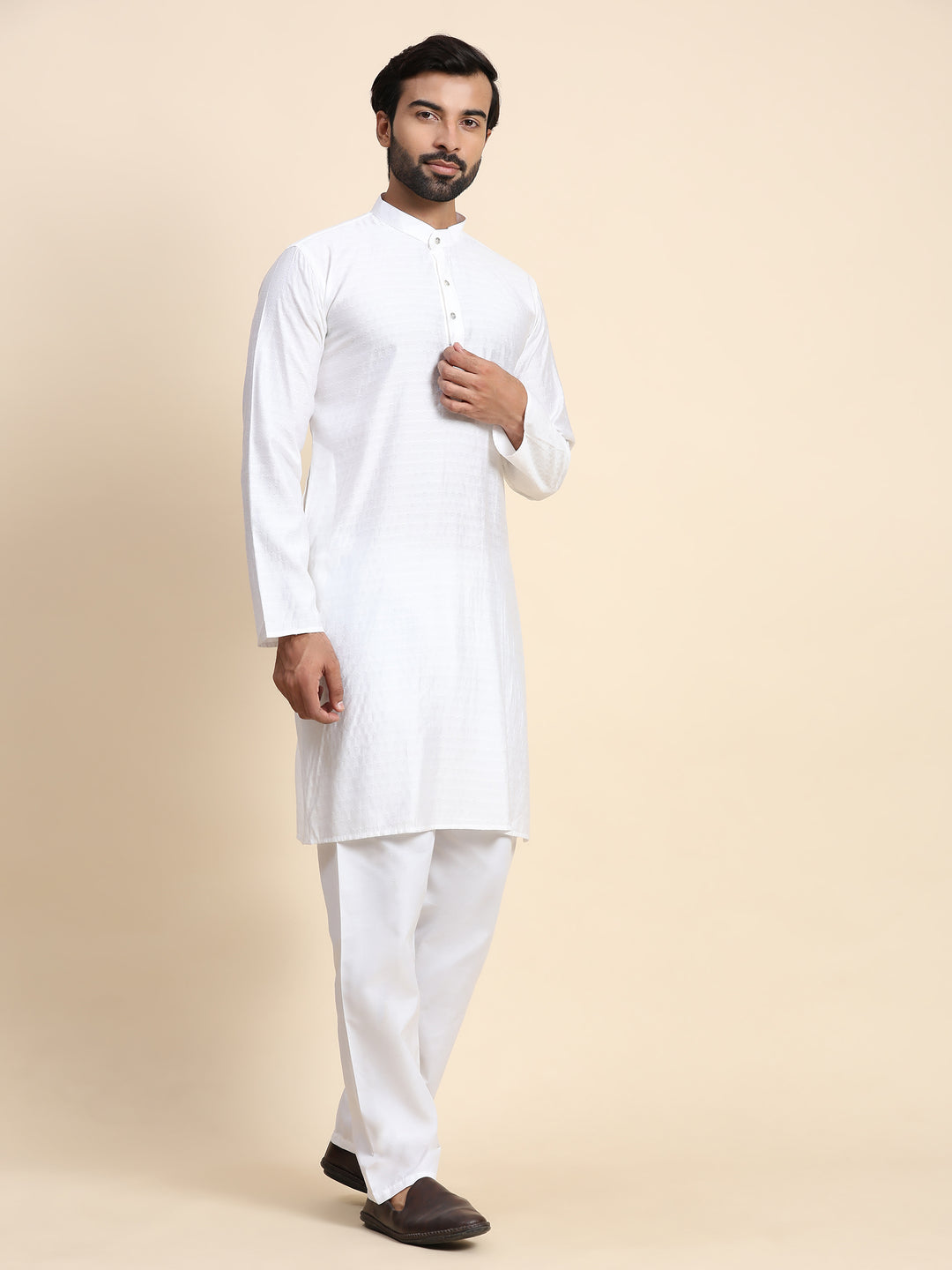 Elegant White Self Weaved Kurta | Cotton Men's Wear for Festivals