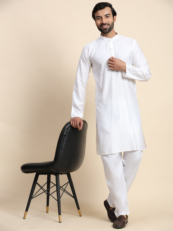 Elegant White Self Weaved Kurta | Cotton Men's Wear for Festivals