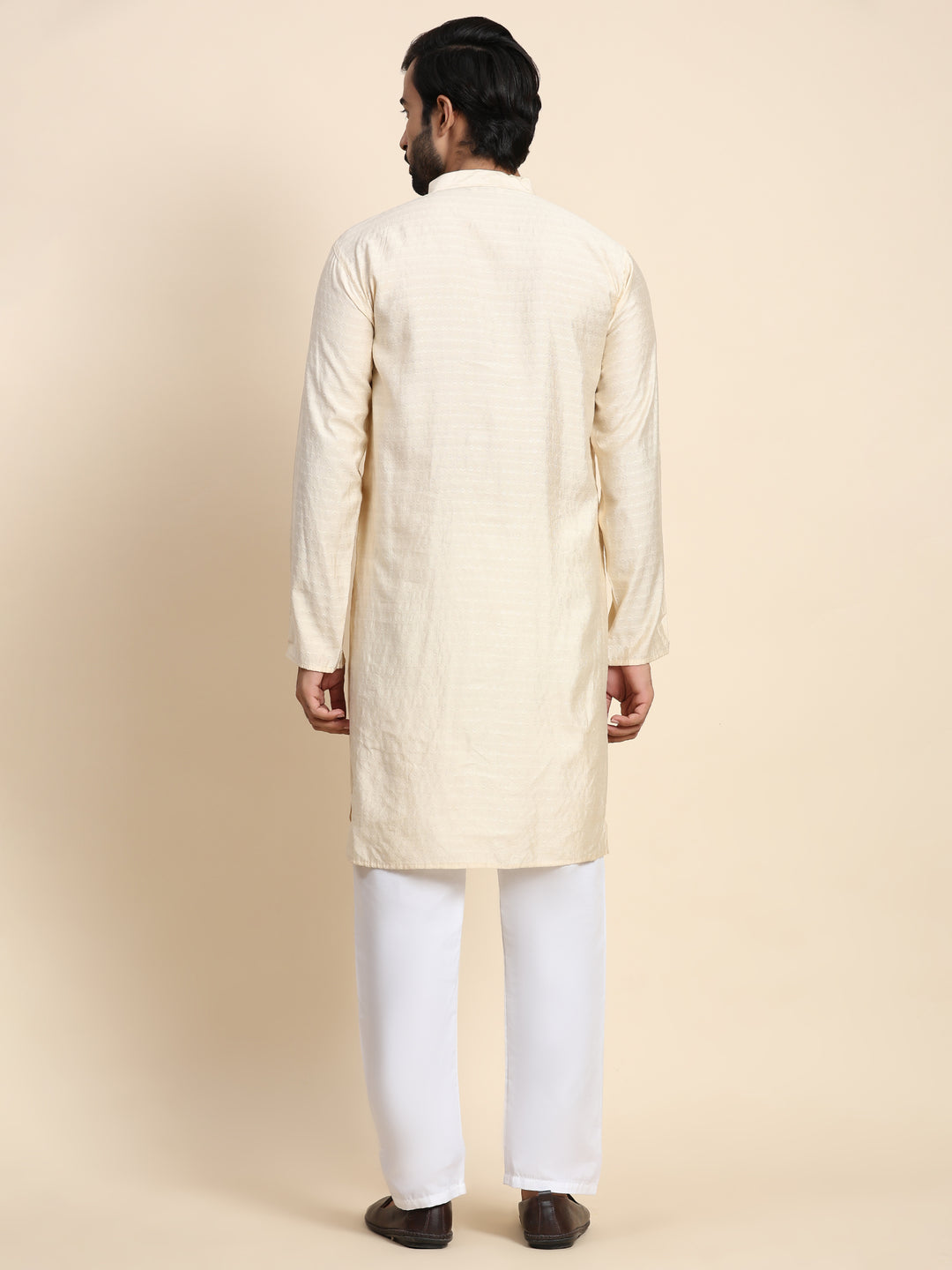 Cream Viscose Rayon Self Weaved Kurta | Traditional Wear for Men