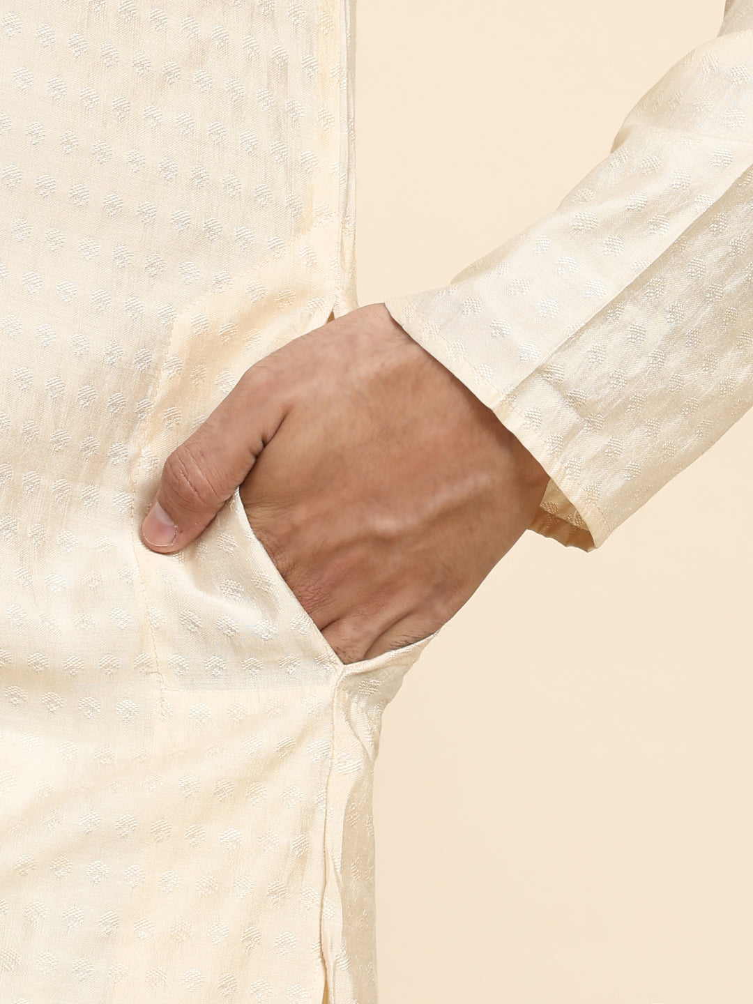 Cream Viscose Rayon Self Weaved Kurta | Traditional Wear for Men