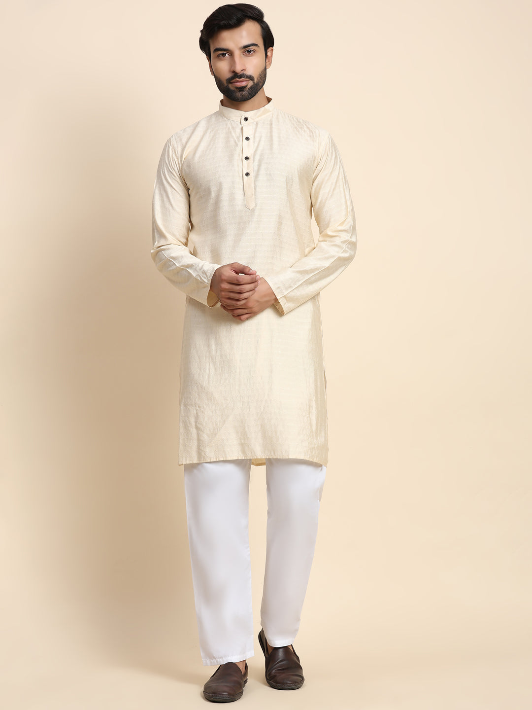 Cream Viscose Rayon Self Weaved Kurta | Traditional Wear for Men