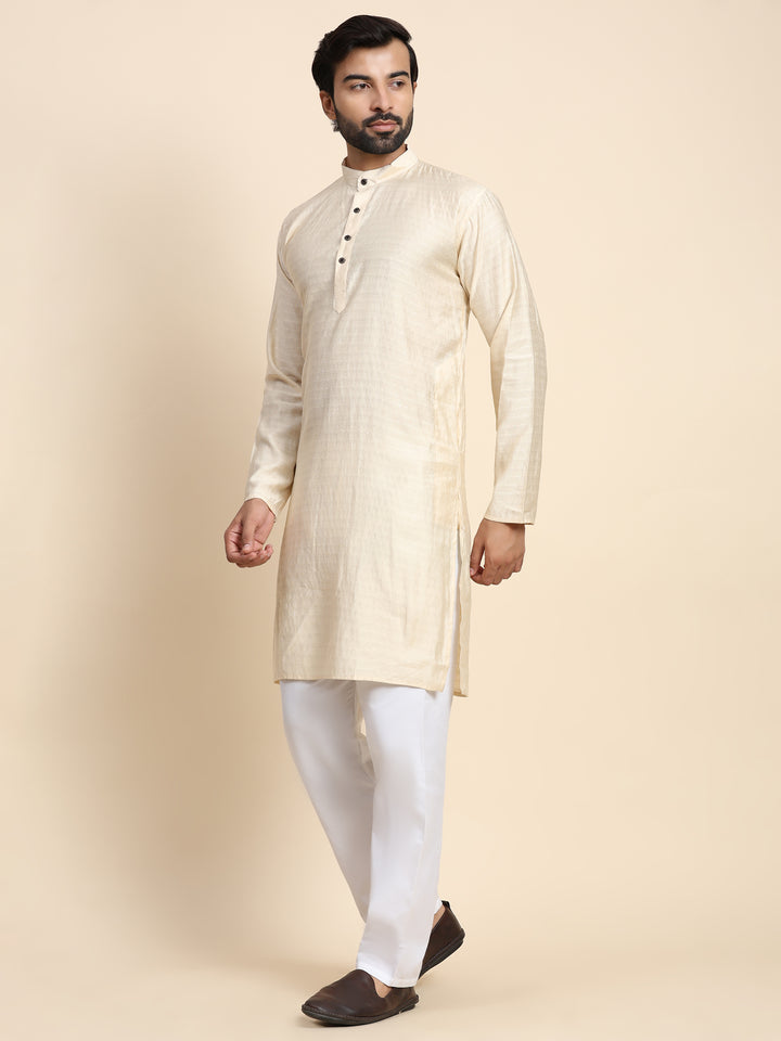 Cream Viscose Rayon Self Weaved Kurta | Traditional Wear for Men